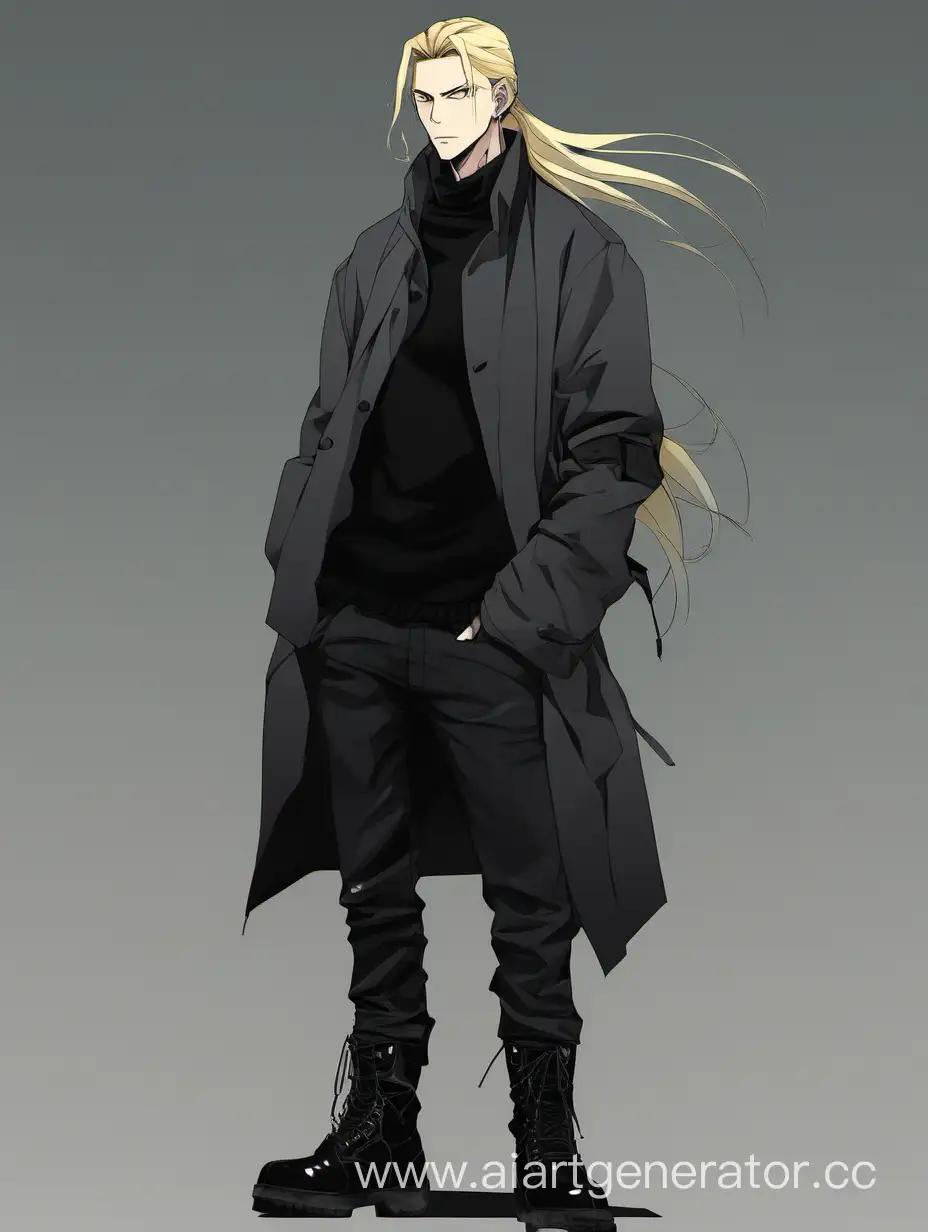 32 years old man; 192 cm; athletic frame; long blond hair tied into ponytail; yellow eyes; bristle; black ring-like earrings; dark pullover; black jeans; military boots; dark grey coat; black scale on his cheeks; black scales have a hexagon shape