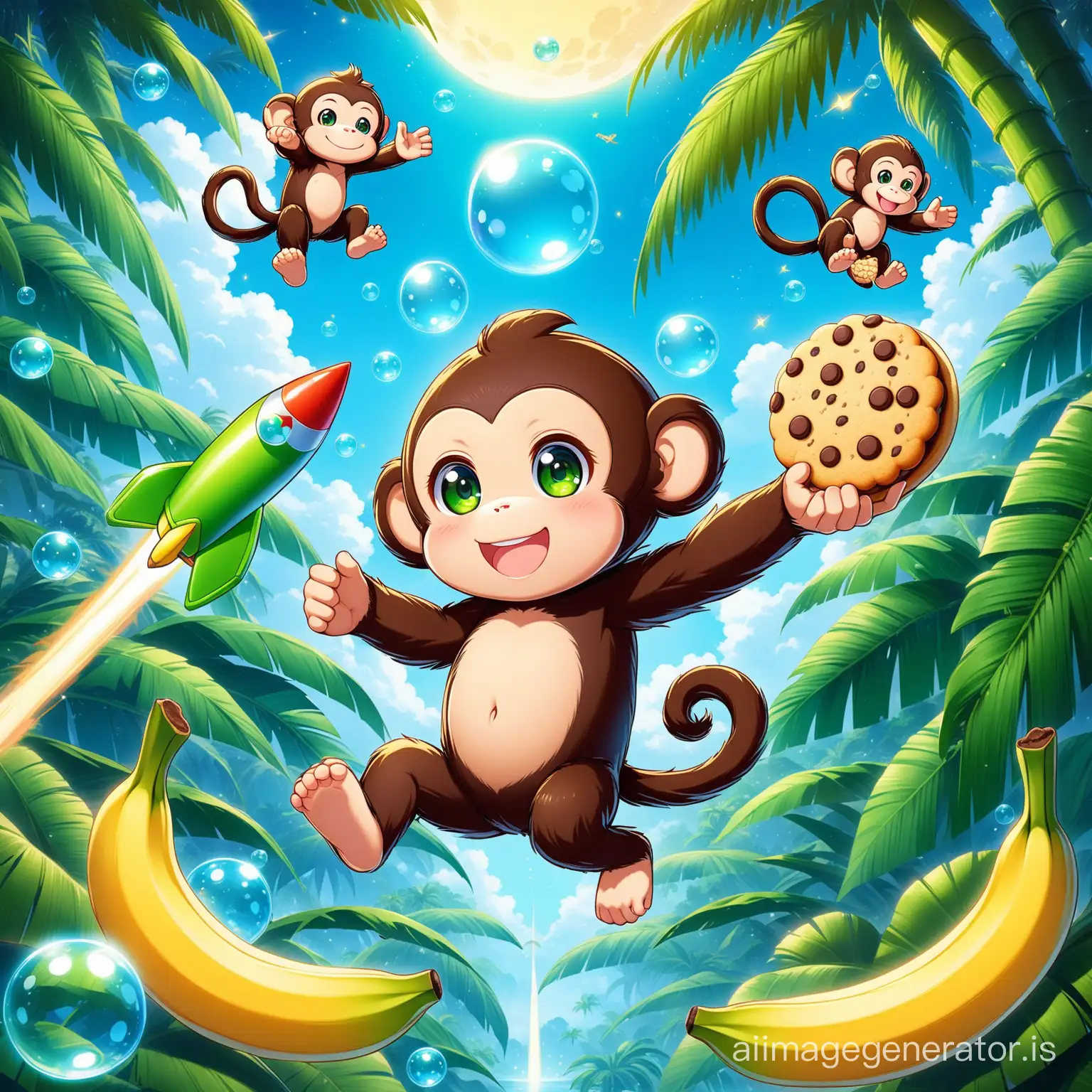 A little black happy cute monkey cookie with green eye and smile have banana in hands flying on the jungle with super detail and High Quality
big and blue Bubble and floating cookie are seen everywhere
Details are evident beautifully and with great precision
i see a  green rocket in background