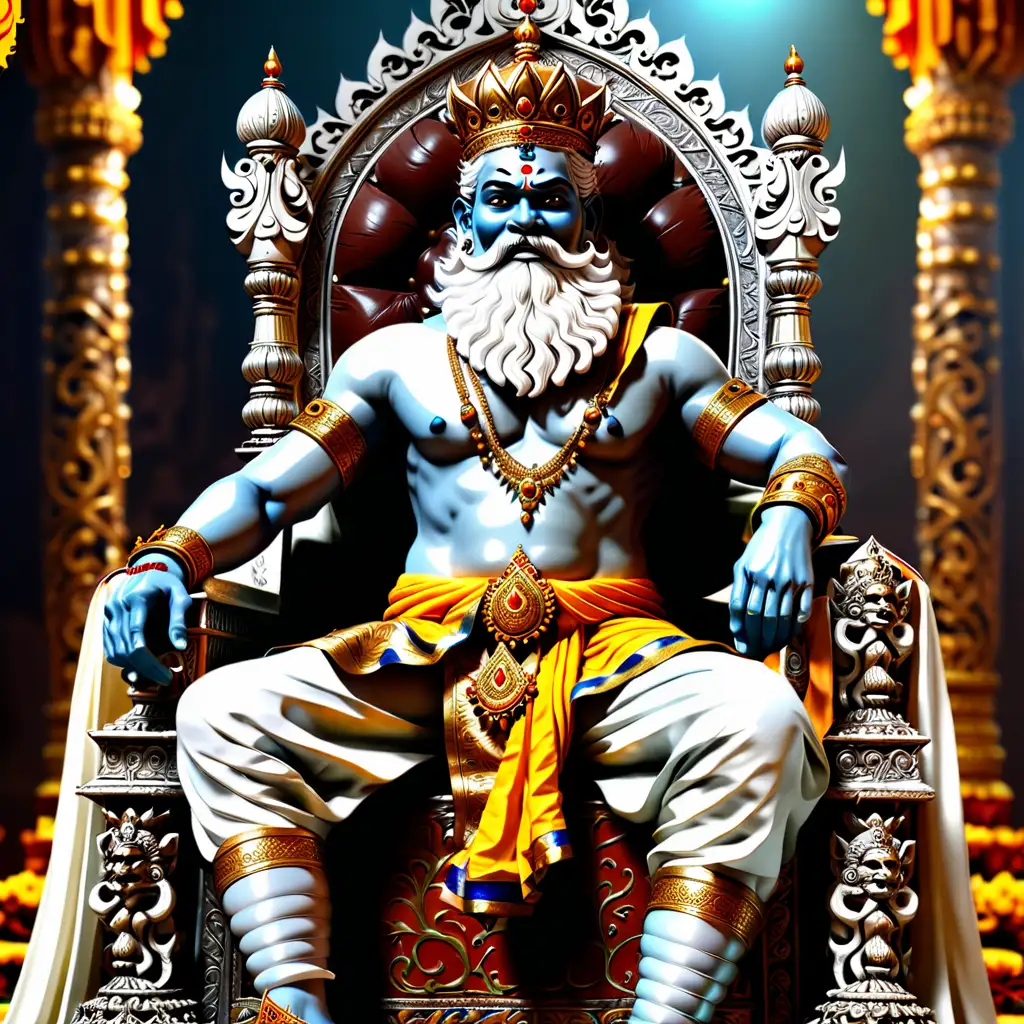 King Dasharatha with white beard  realistic AI art sitting on throne from Ramayana