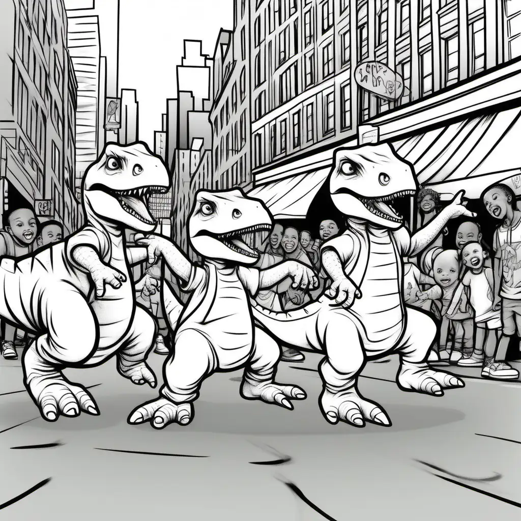 three Baby hip hop dinosaurs break dancing spinning on back on street nyc near crowd of people, dark lines, no shading, coloring pages for children
