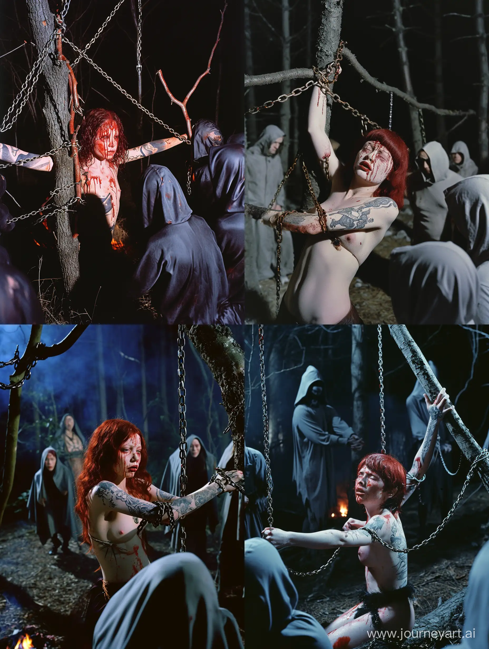Saturated photo of a beautiful young woman in a minimalistic forest, an ominous and unsettling scene unfolds, tear-stained face, crimson red hair, body adorned with ominous tattoos, proportionate body, accurate anatomy, detailed face, Her arms, stretched open and bound to tree branches, chains tightly securing her in a vulnerable position, while hooded figures, with no visible faces, gather around her, participating in a mysterious and unsettling ritual. The photo is captured using Fujifilm Provia film, enhancing the vividness of colors and contrasts, as the night scene is illuminated by a flickering campfire, casting eerie shadows, adding to the sense of foreboding. The forest serves as the backdrop for this hike core ritual, its minimalistic beauty contrasting with the intensity of the scene, creating a chilling ambiance that evokes both fascination and unease. Unlikely collaborators: Marina Abramović, the performance artist exploring the limits of the body, Sally Mann, the photographer capturing haunting and introspective images, Gareth Pugh, the fashion designer known for his dark and theatrical aesthetics, Ari Aster, the filmmaker specializing in atmospheric and disturbing narratives, David Tibet, the musician and artist delving into esoteric and ritualistic themes