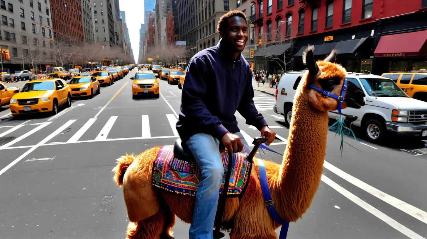 black man riding a llama in new york
