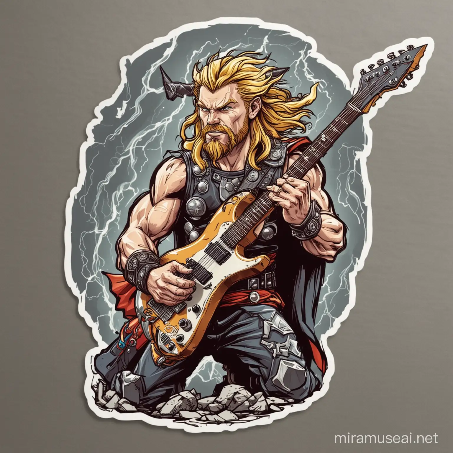 drawing stiker of thur god of thunder as a rock star plaing at electric gitar
