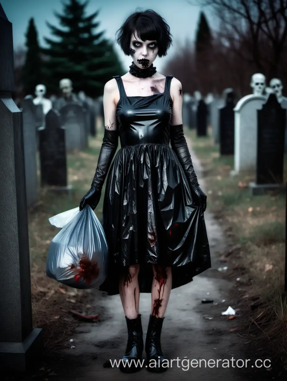 Девушка зомби с короткой стрижкой, мусорный пакет в руках, платье из черного латекса, сапоги, ночь, готическое кладбище