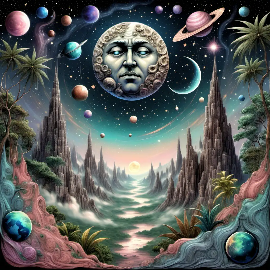 Celestial Man in Moon Surrounded by Stars and Planets in Jungle Landscape