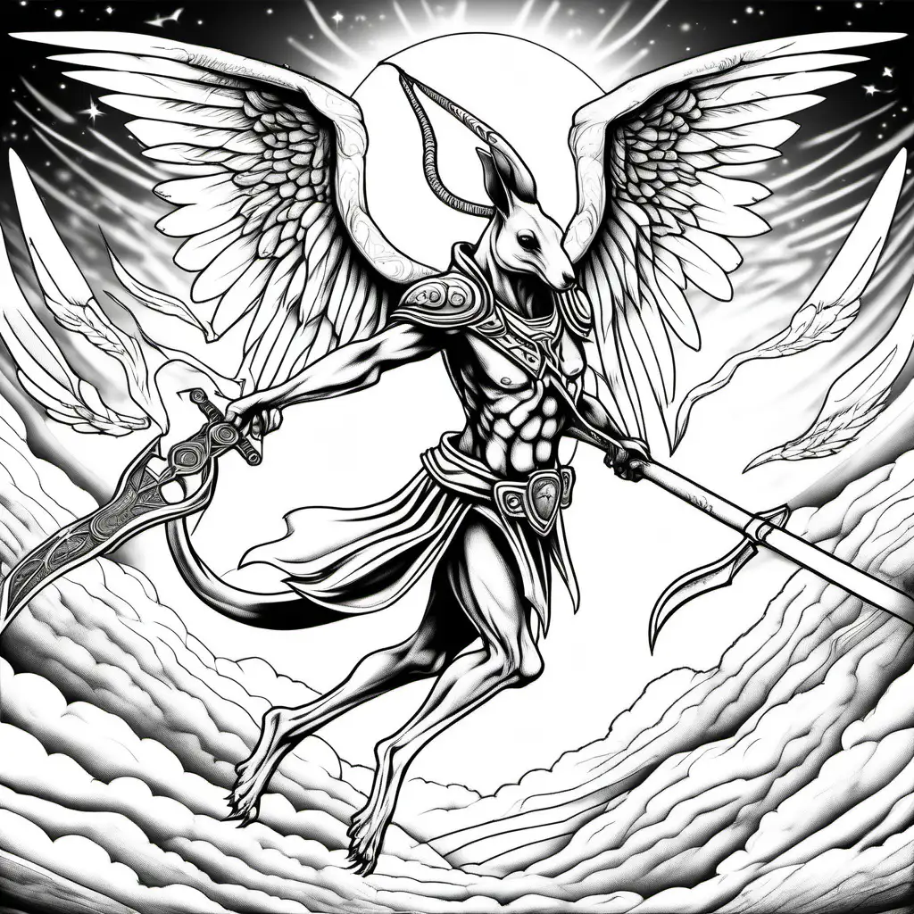 /Imagine colouring page for adult, kangaroo angel warrior with giant scythe and wings, no shading, no shadow, flying with the sky in background