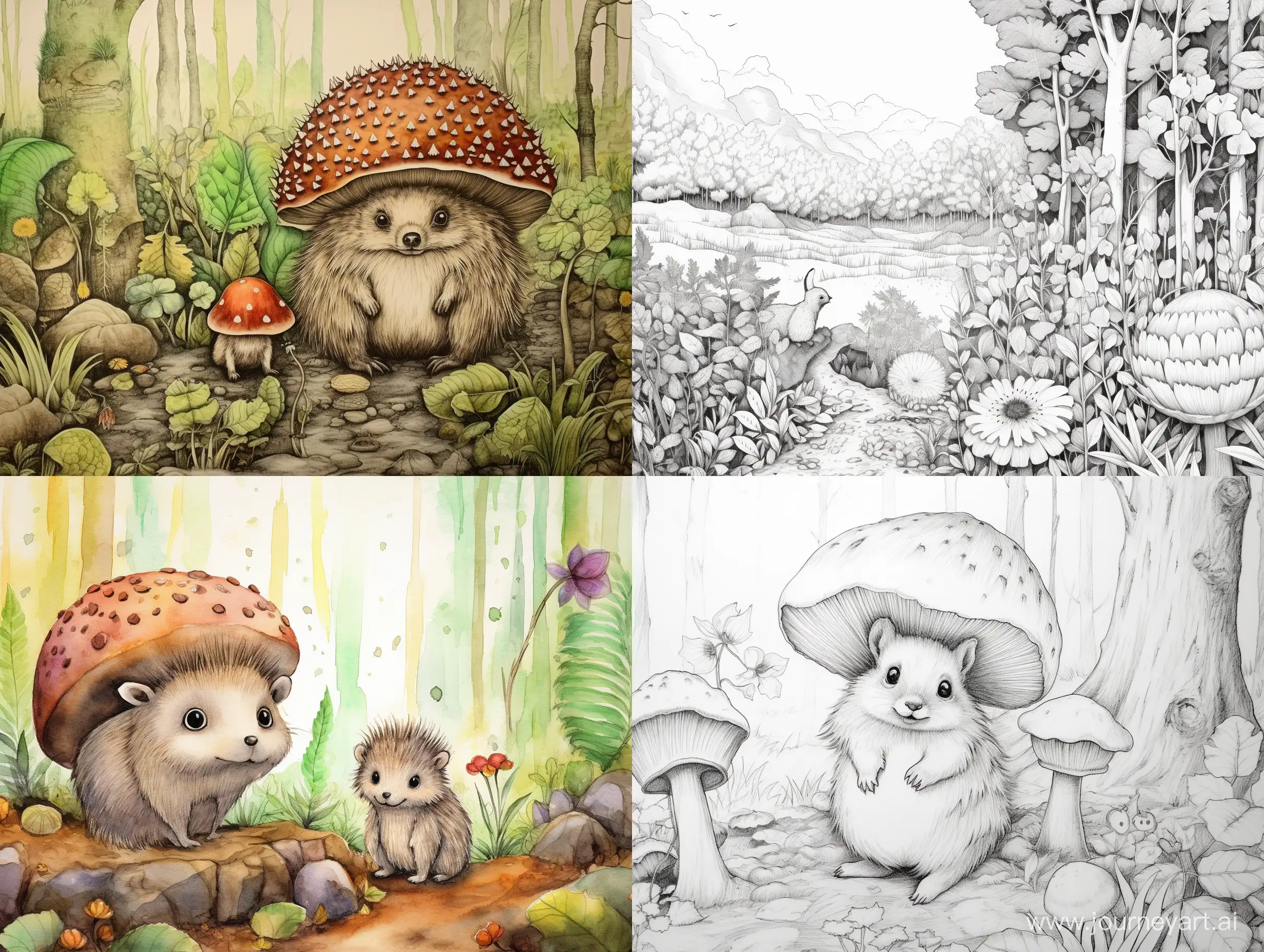 Enchanting-Forest-Scene-Hedgehog-and-Squirrel-Illustration-under-a-Burdock