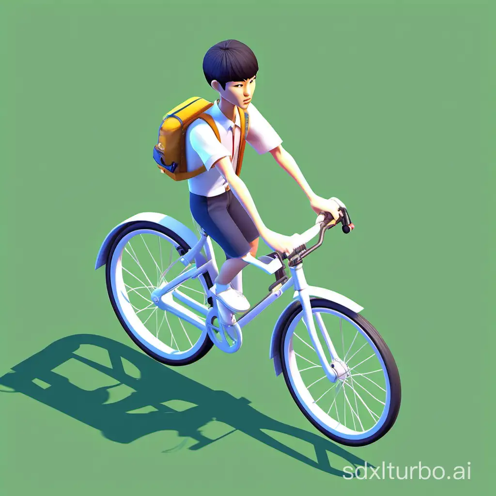 external isometric computer game graphics of a Korean collegeboy riding bicycle, perfect, accurate proportions, accurate bicycle, good