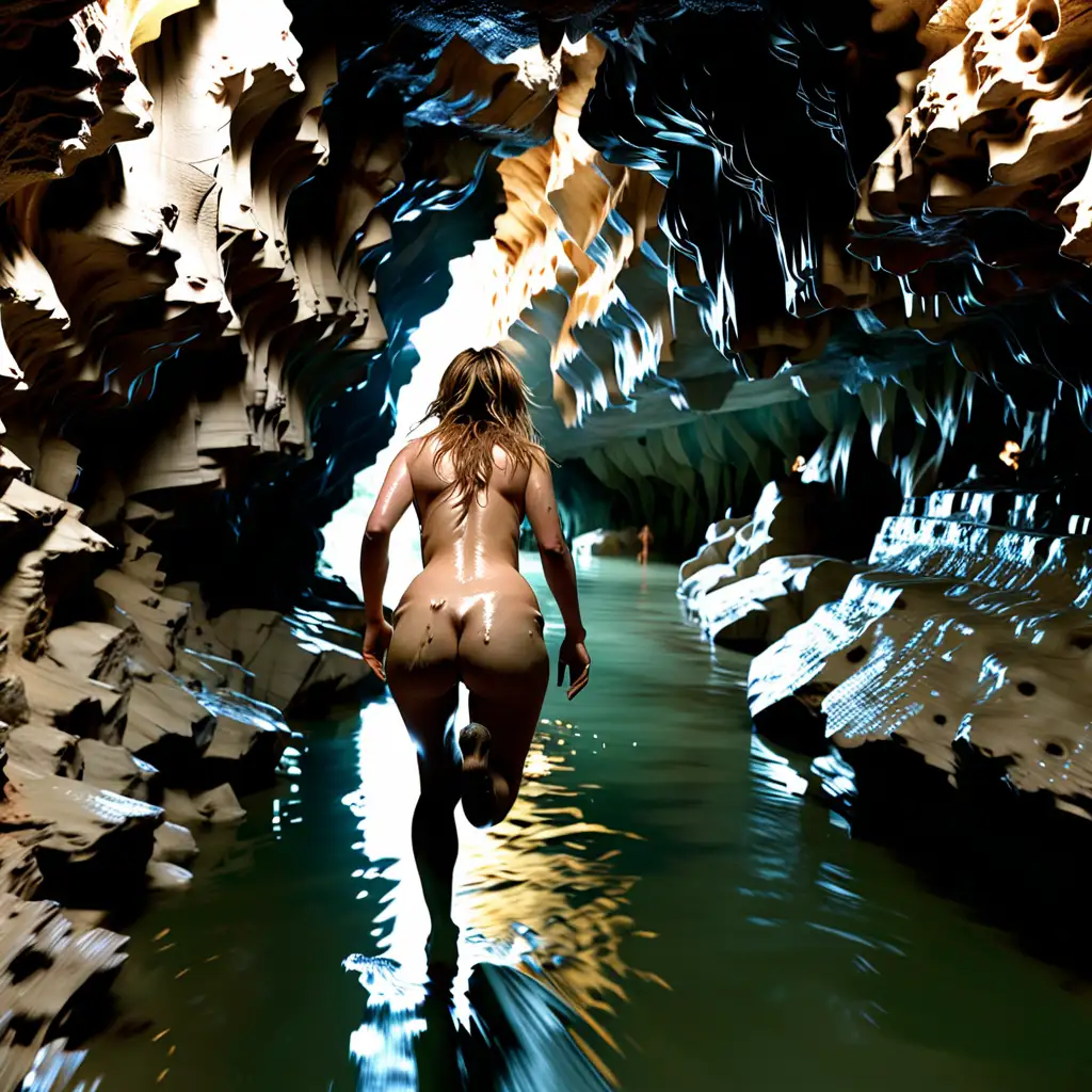 View from behind of hillary duff nude and covered in sweat running down an underground river in a stalagmite cavern being chased by jessica Alba nude