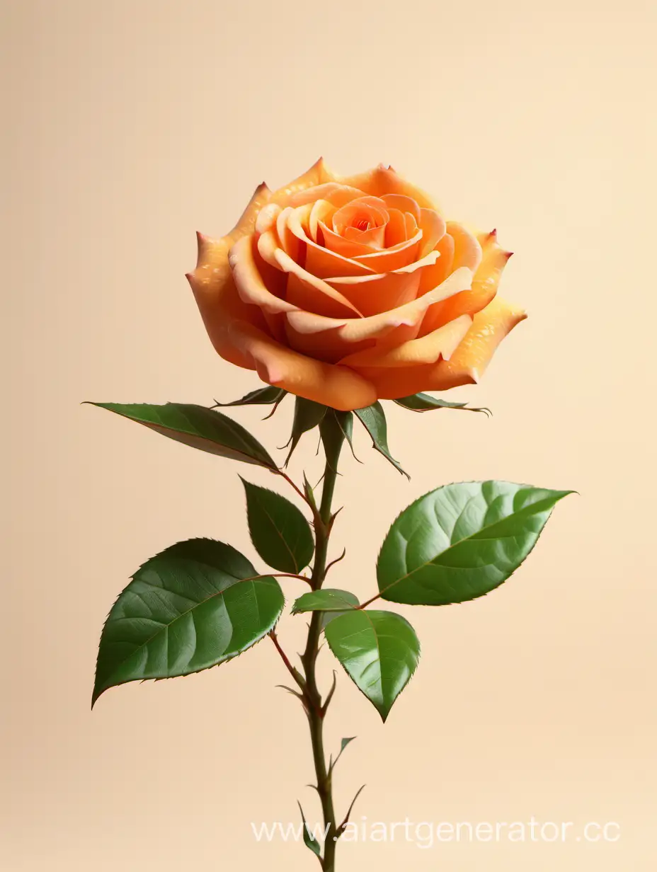 Vibrant-8K-HD-Orange-Rose-with-Fresh-Lush-Green-Leaves-on-Light-Beige-Background