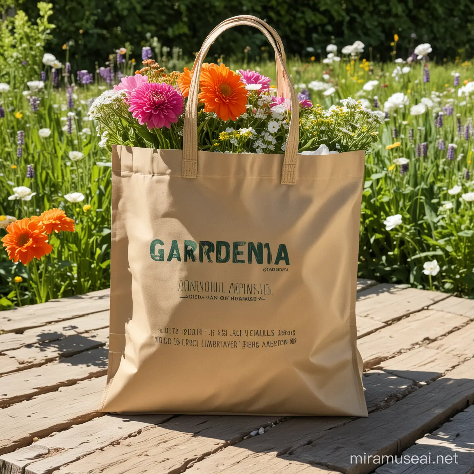 a picture of a goodie bag with the the name GARDENA on the front. The bag is placed on a garden table in a lush, green and well groomed garden. Its sunny weather and flowers are blooming