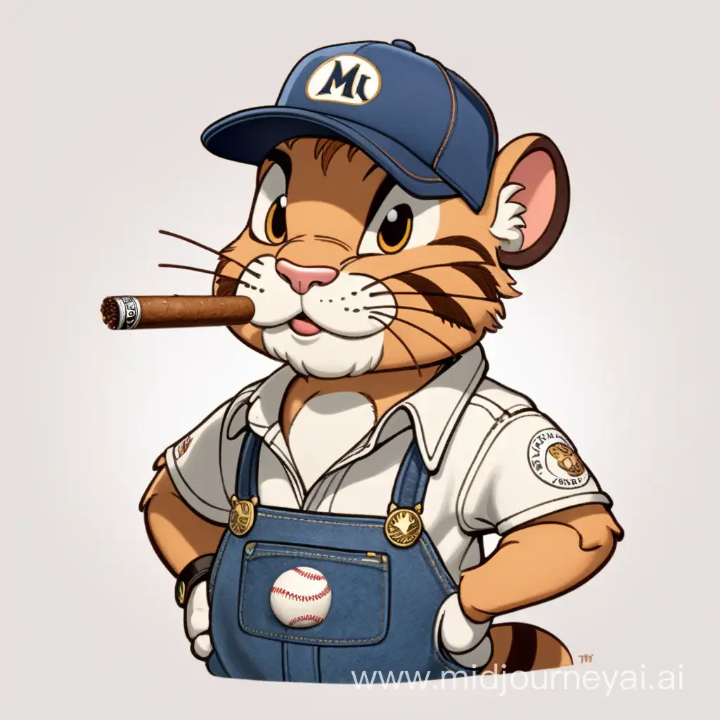 animated character, wearing a baseball cap, with whiskers, cigar, mechanics shirt