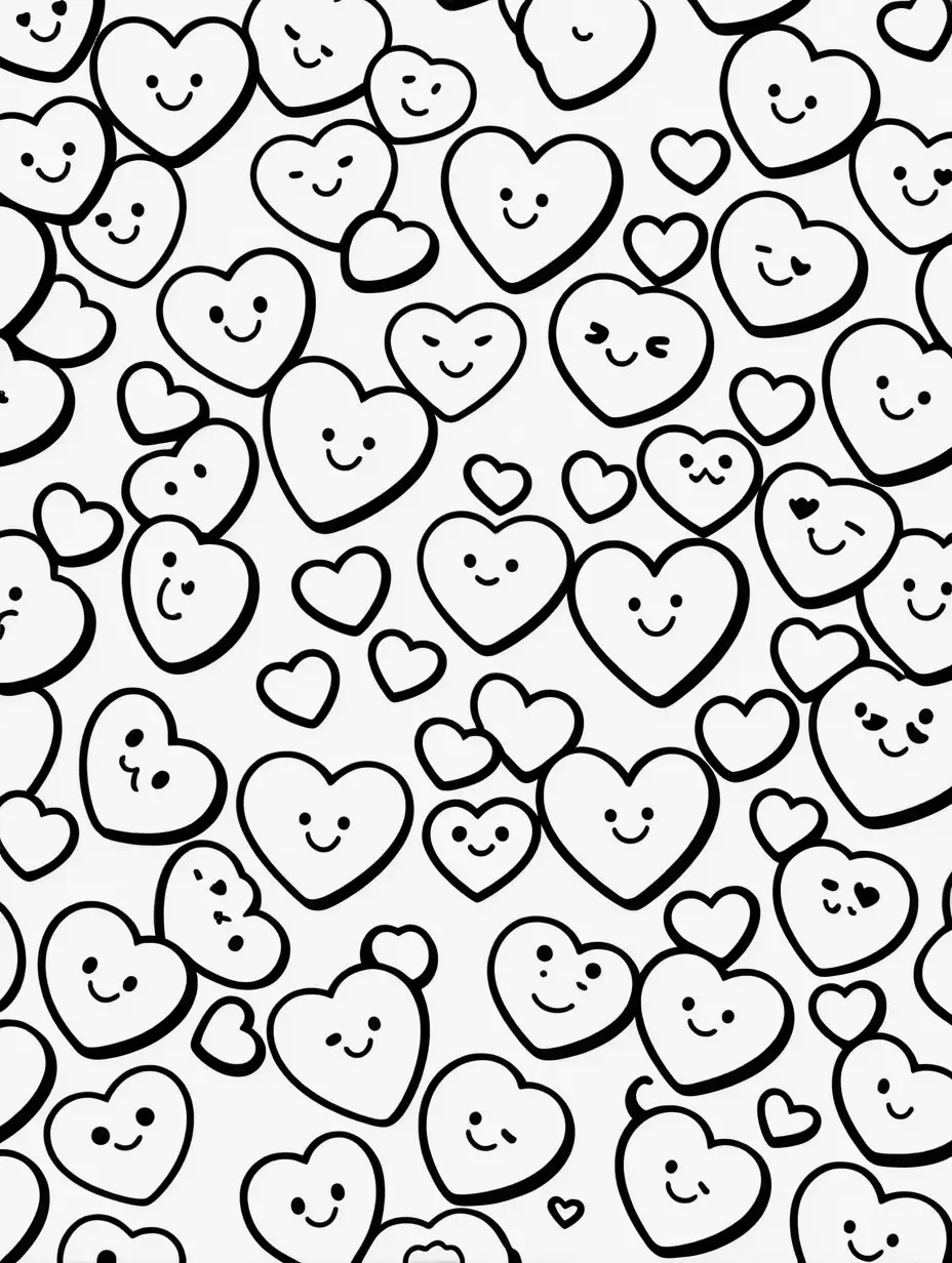 coloring book, cartoon drawing, clean black and white, single line, white background, cute candy hearts, emojis