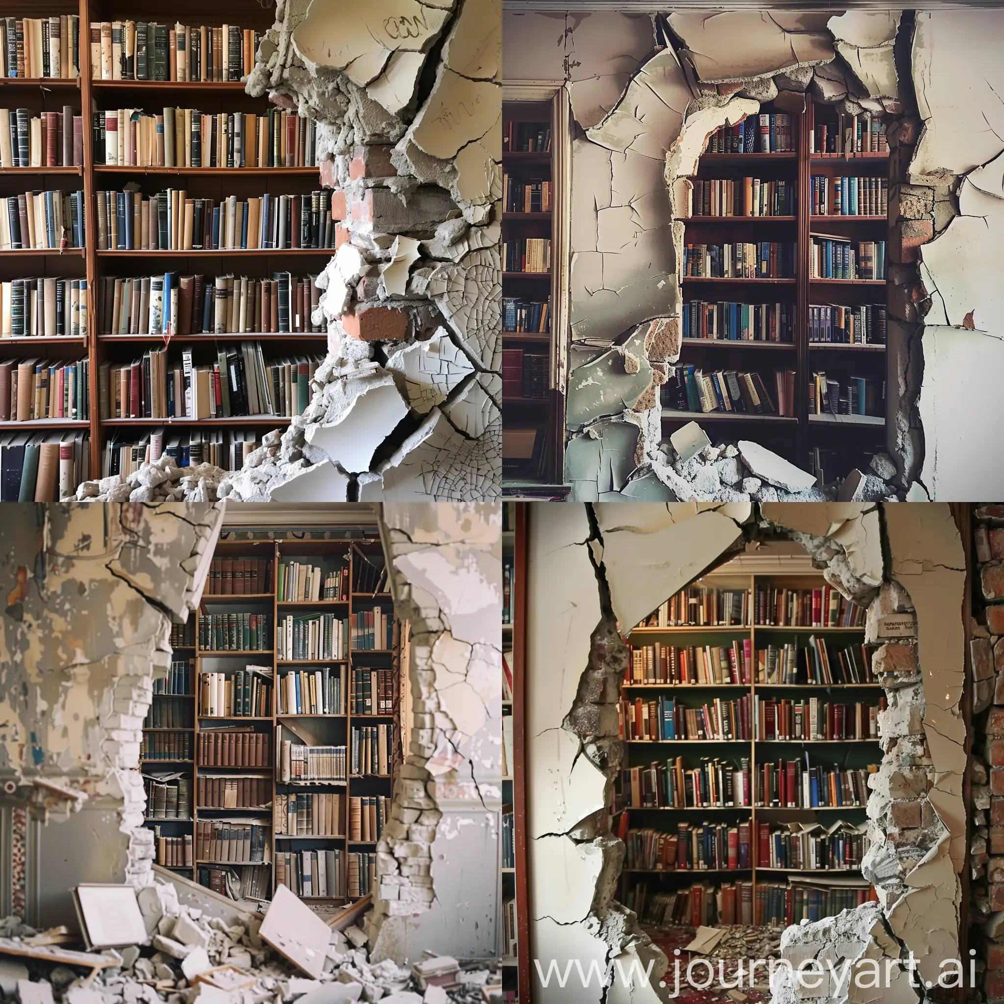 a broken wall with a bookshelf behind it