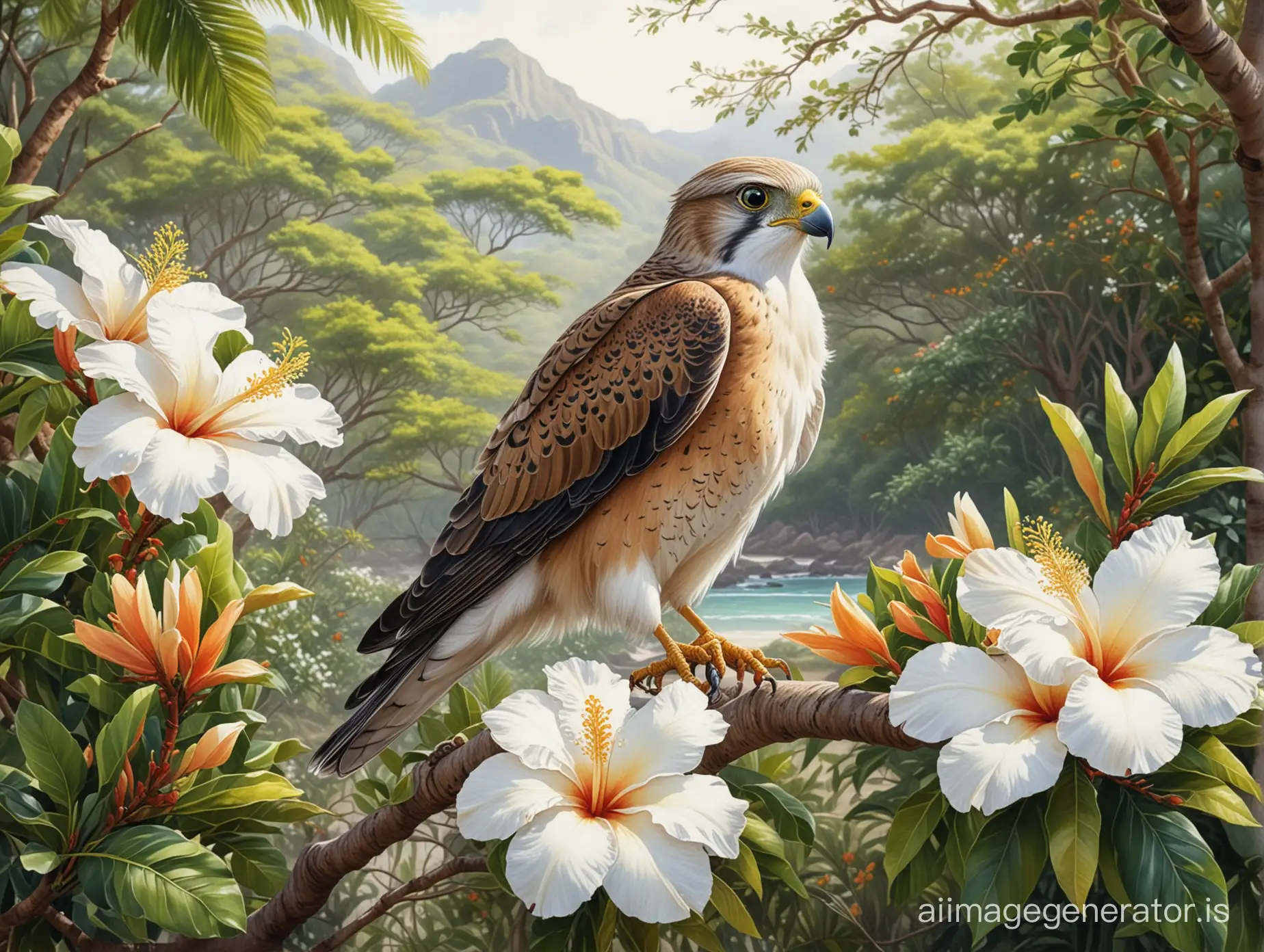 Mauritius tropical beach landscape with a kestrel bird, filao trees and branches with one frangipani and a white hibiscus, realistic photography, detailed painting,  watercolor, natural