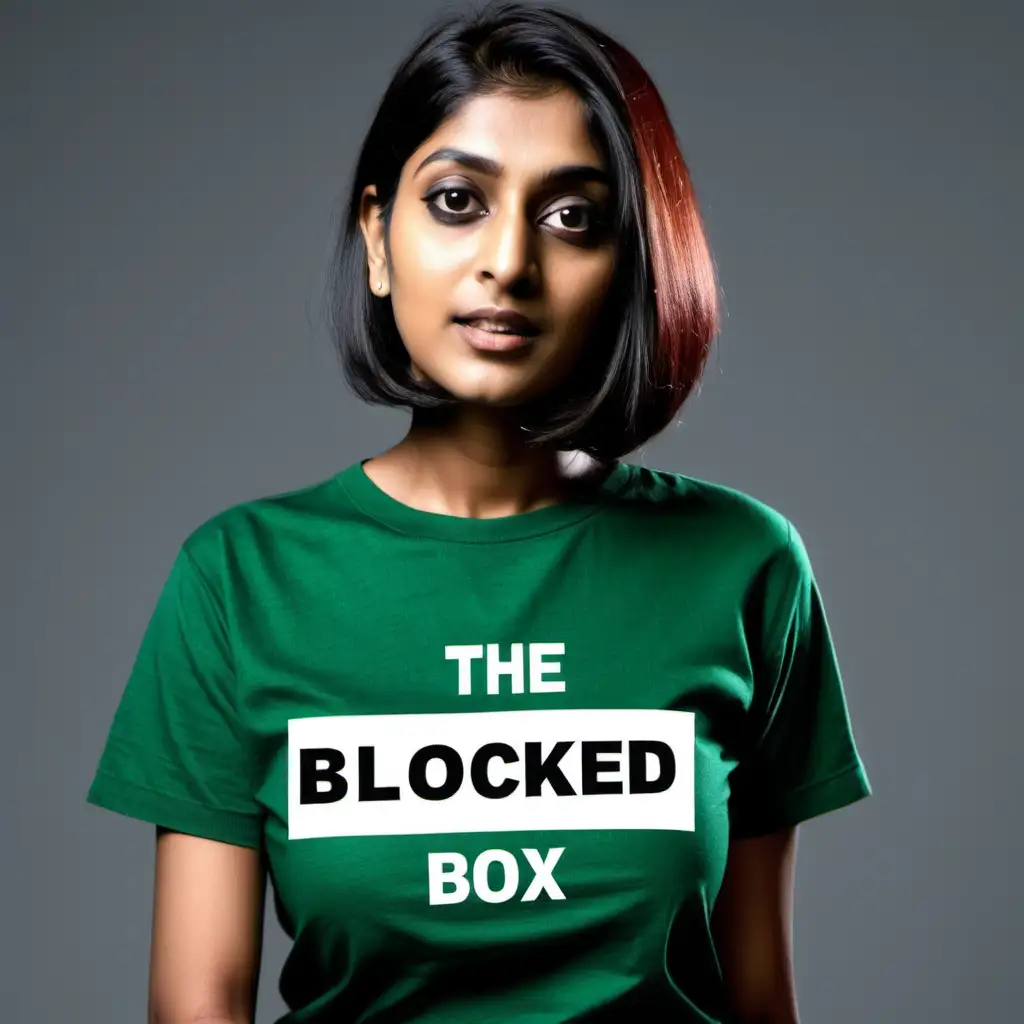 Modern Indian woman with hair in a blunt bob green shirt with the words "The Blocked Box"  on her shirt in a fashionable way. She should be posing to show off the words on the shirt.
