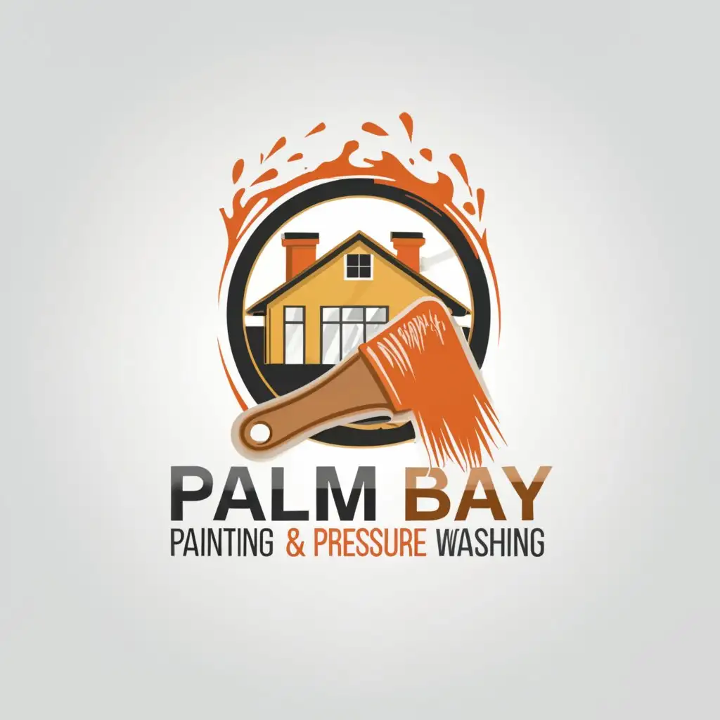 a logo design,with the text 'Palm Bay Painting & Pressure Washing', main symbol:A house and a paint brush,complex,be used in Construction industry,clear background