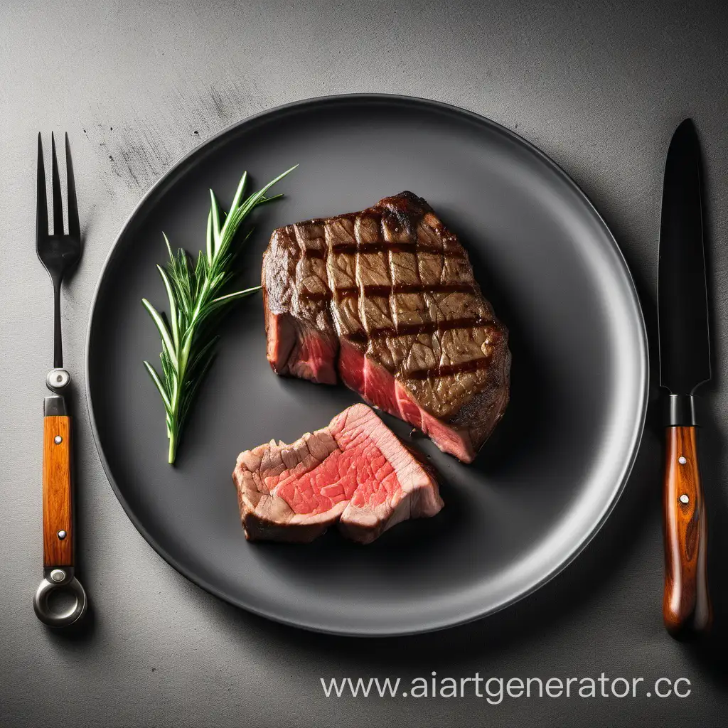 Juicy-Striploin-Steak-Served-on-Elegant-Gray-Ceramic-Plate-with-Knife-and-Fork