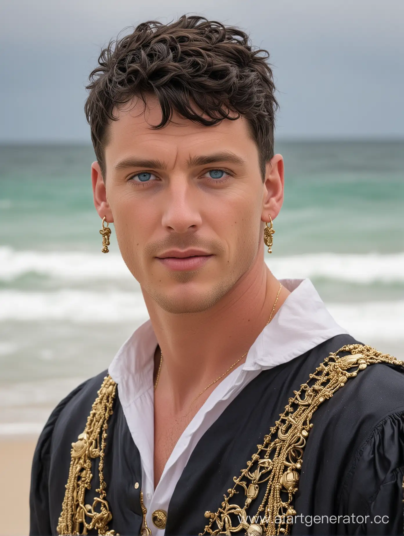 белый мужчина с чёрными короткими волнистыми  волосами, голубыми глазами, с золотой серьгой в правом ухе, в пиратской одежде, стоит на пляже
