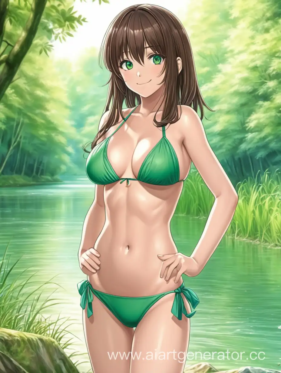Красивая аниме девушка брюнетка, с большой грудью, в зеленом купальнике, с нежной улыбкой, на берегу реки в лесу