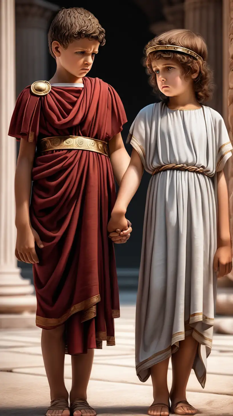 ancient roman child girl and boy they are sad and holding hands