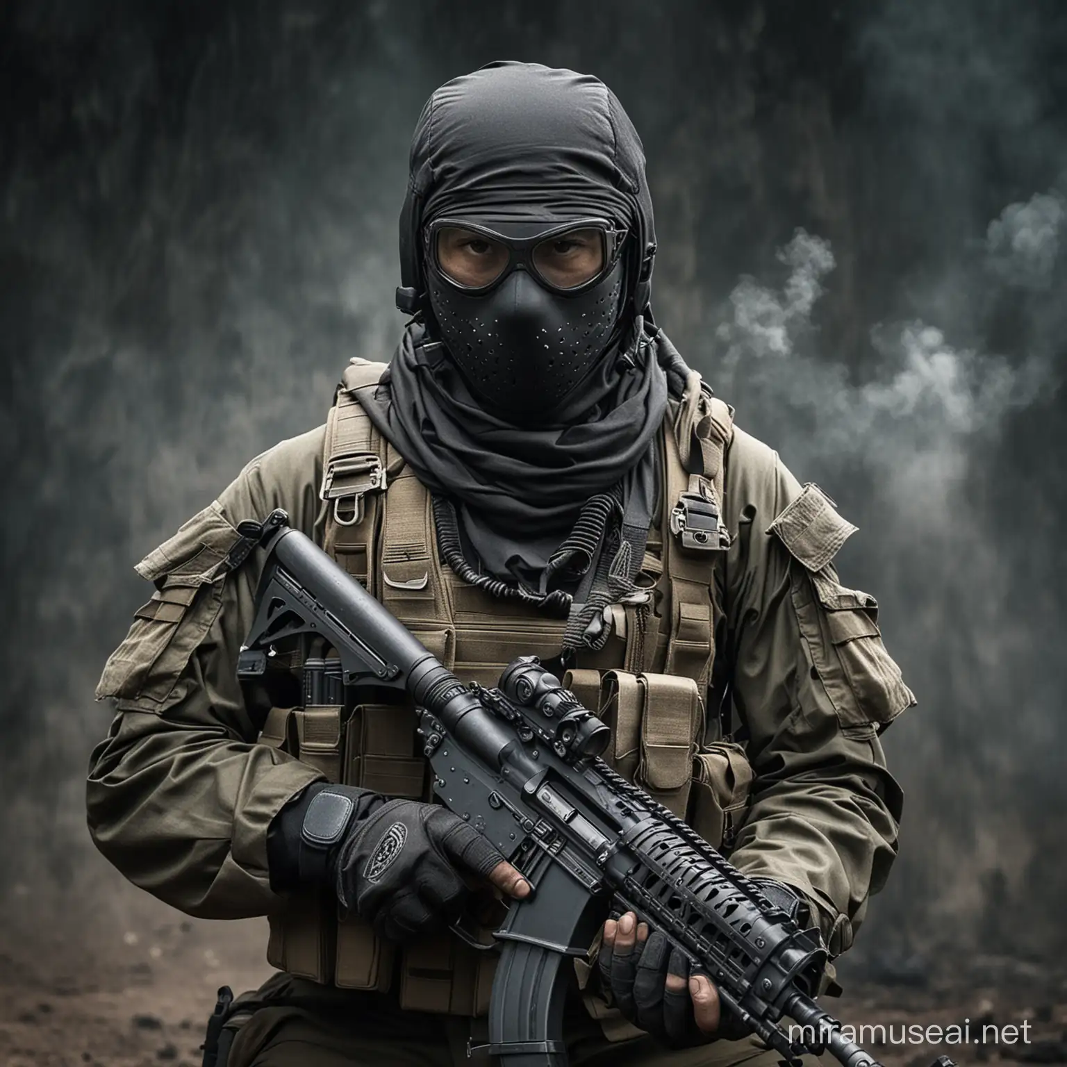 A Malaysia Komando with full tactical gear in combat, wearing tactical mask, holding heavy weapons,he looking Dangerous