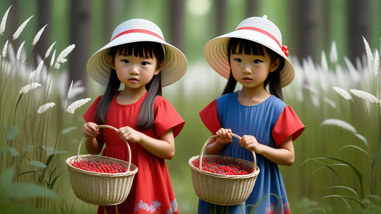 В  этом летнем  лесу  среди высокой травы и цветов  шли  2 маленькие девочки- азиатки, одетые в красный и синий сарафаны, на голове у них были белые шляпы, вот они собрали полные корзины красных ягод и выходят на окрайну леса, они говорят о том, что видели в этом лесу