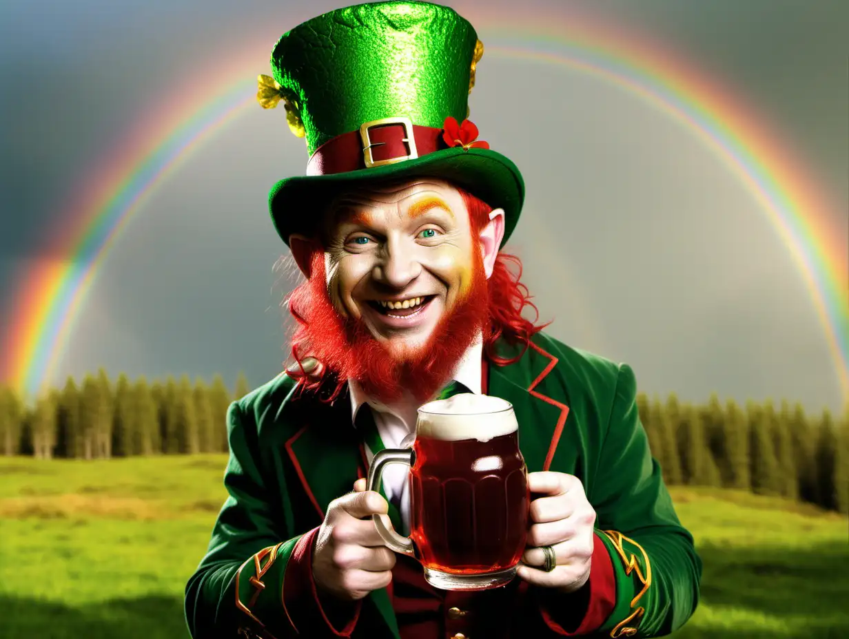 Leprechaun with Red Beer Pot of Gold and Rainbow Fantasy Art