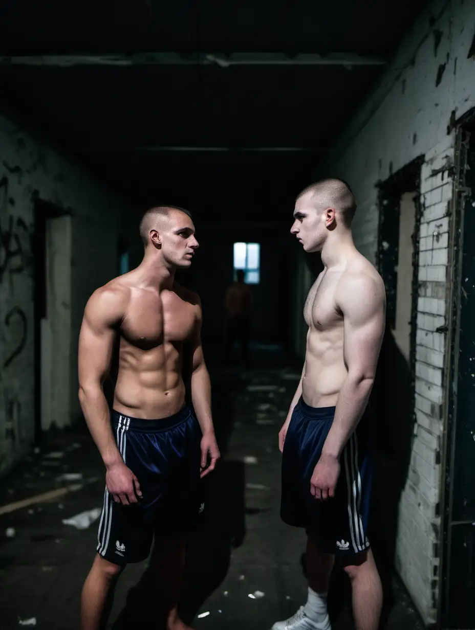 two shirtless british chavs, wearing sportswear, looking at each other inside the dark abandoned building in the evening