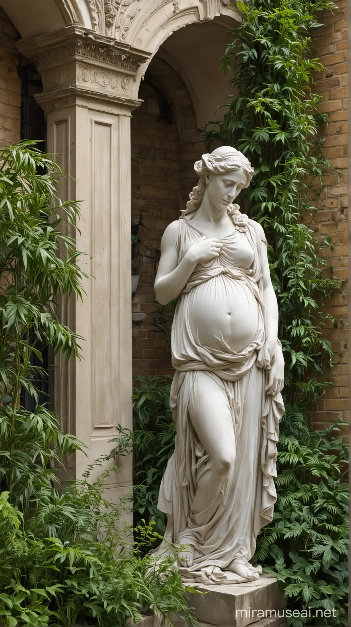 Classical sculpture of a sad pregnant woman. The sculpture is behind plants in a victorian architecture.