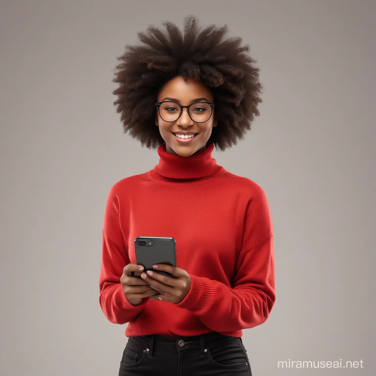 Realistic image of a beautiful 20 years old Africa dark skin lady, with stunning very short afro hair, wearing framed glasses, wearing red turtle neck sweater, with a black trousers, front facing, looking straight into the camera, with different facial expressions, character shade: white background, smiling, operating a mobile phone full body view