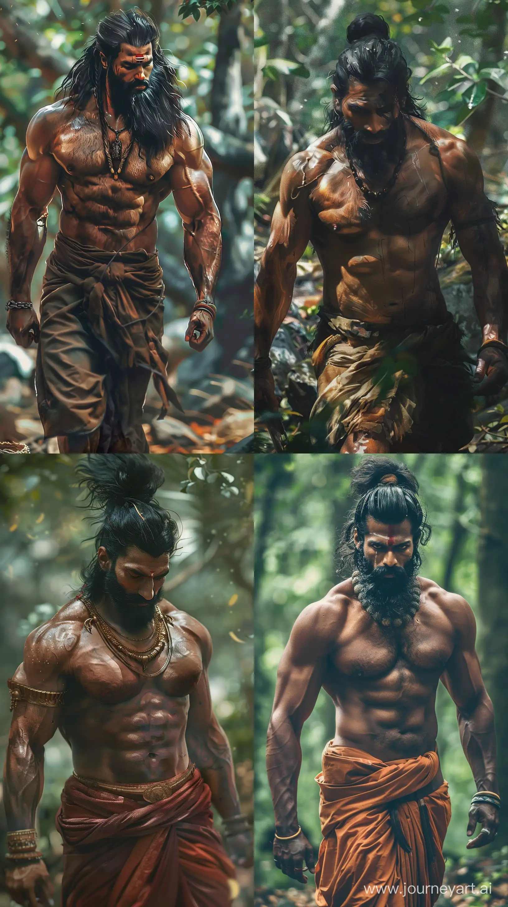 Realistic colorful images depicting an Indian muscular man from ancient times in his thirties black haired and bearded walking in the forest, close-up image, 8k quality --ar 9:16 --v 6