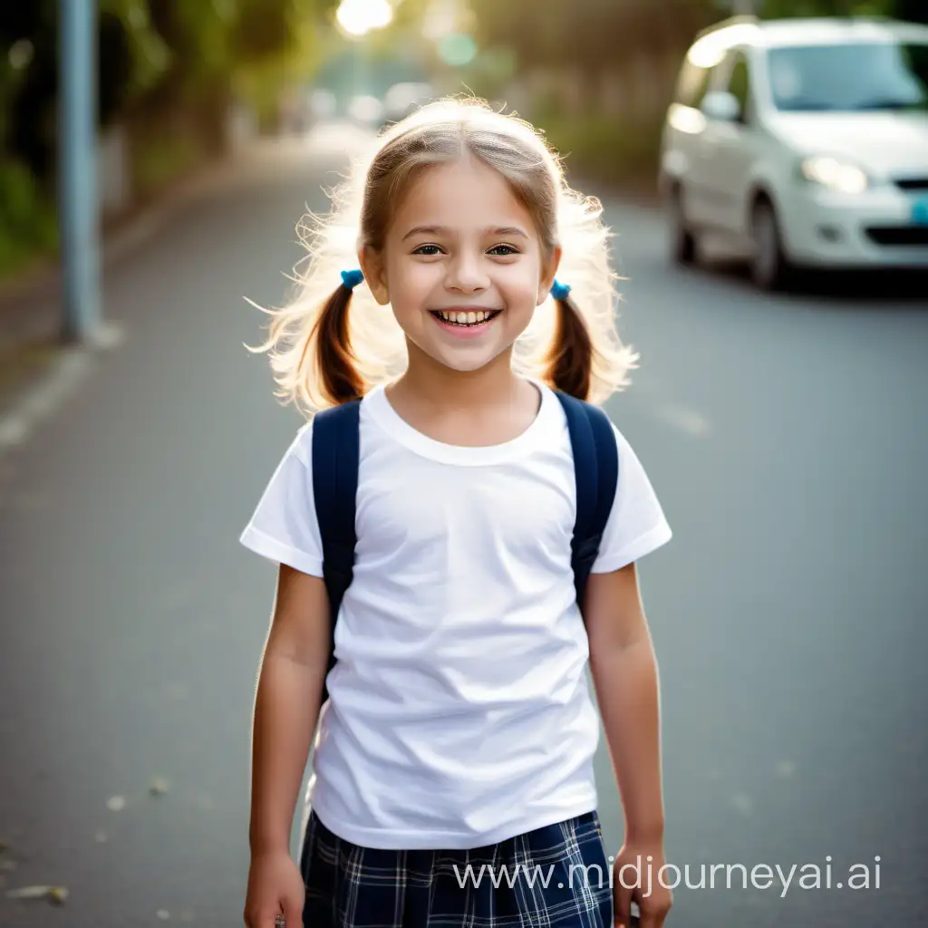 A photograph of A beautiful cheerful little girl wearing white t-shirt on the way to school