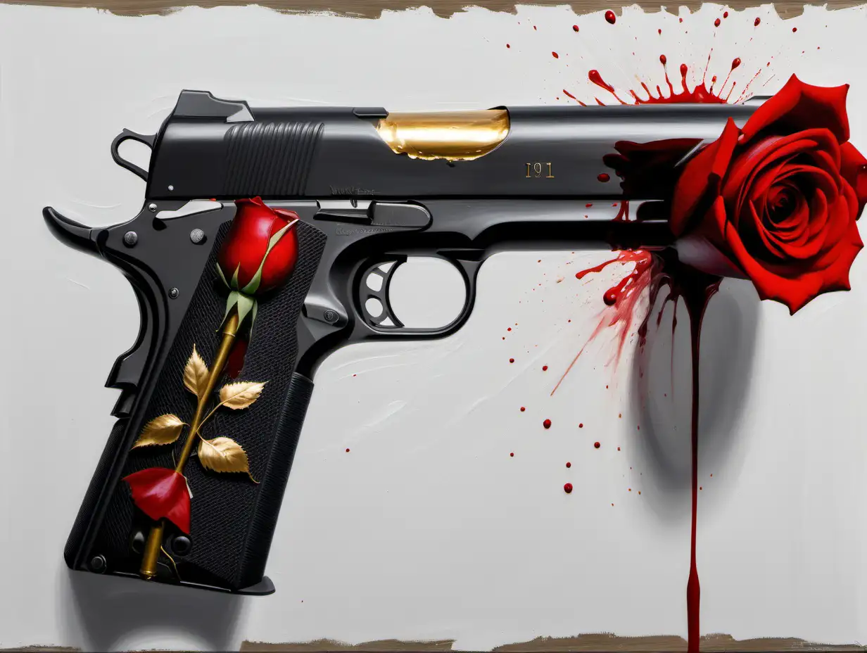 White oil painting with a single red rose being fired the the barrel of a large realistic 1911 45 black and gold hand gun