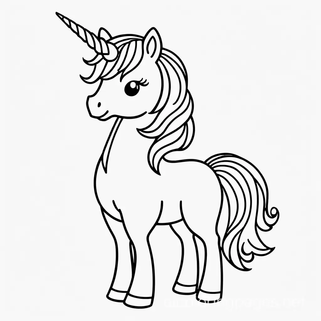 Cute full body stardust unicorn , Coloring Page, black and white, line art, white background, Simplicity, Ample White Space. The background of the coloring page is plain white to make it easy for young children to color within the lines. The outlines of all the subjects are easy to distinguish, making it simple for kids to color without too much difficulty