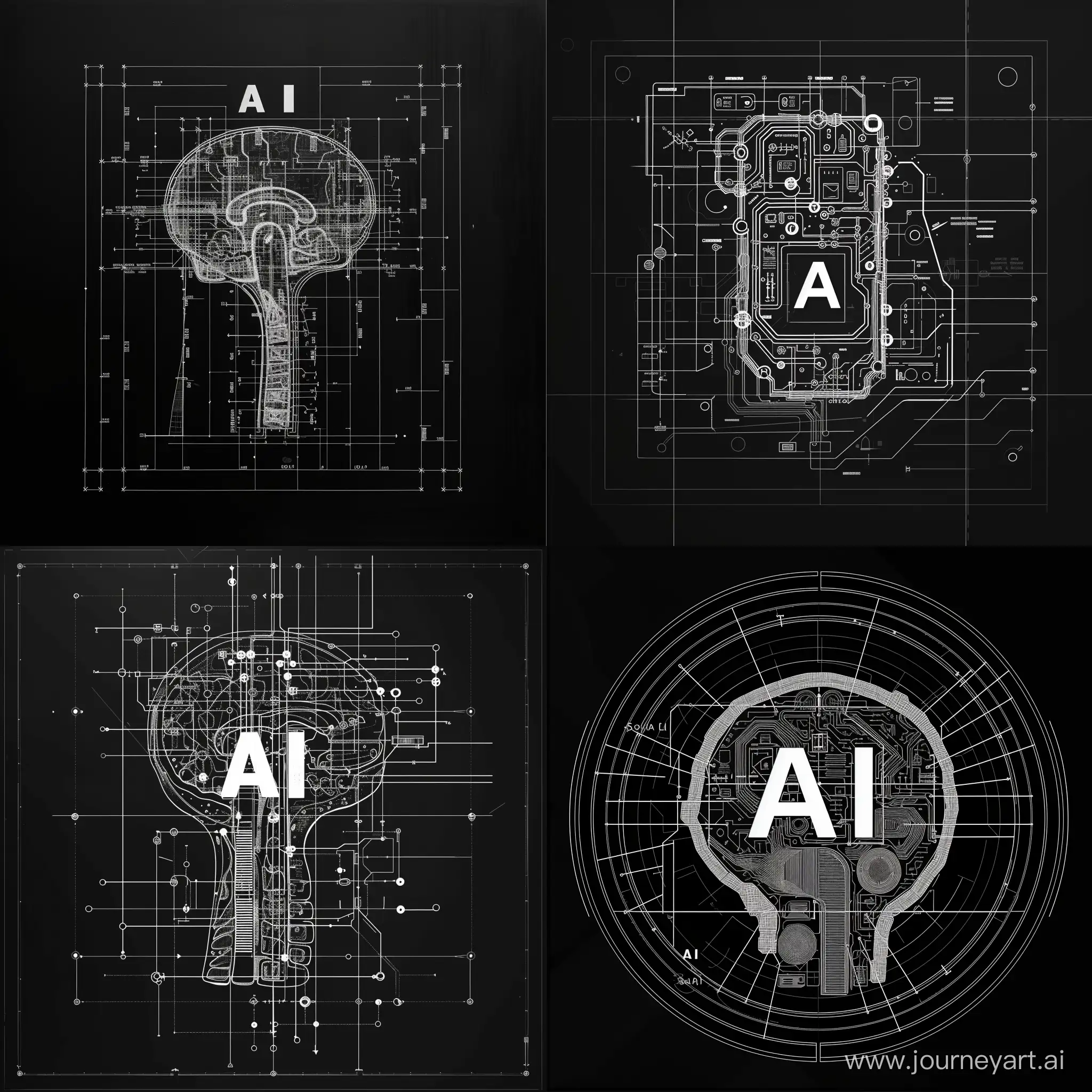 flat graphic icon, engineering blueprint, sketch, sketch in style of davinci, futoristic, digital,do a visualization on this text: AI-Enabled, Data-Driven Problem Solving Eliminate guesswork and make informed  decisions with data insights you can rely on  to solve even the most complex challenges., black and white, text on the image "AI", black BG, center composition, picture centered around black BG
