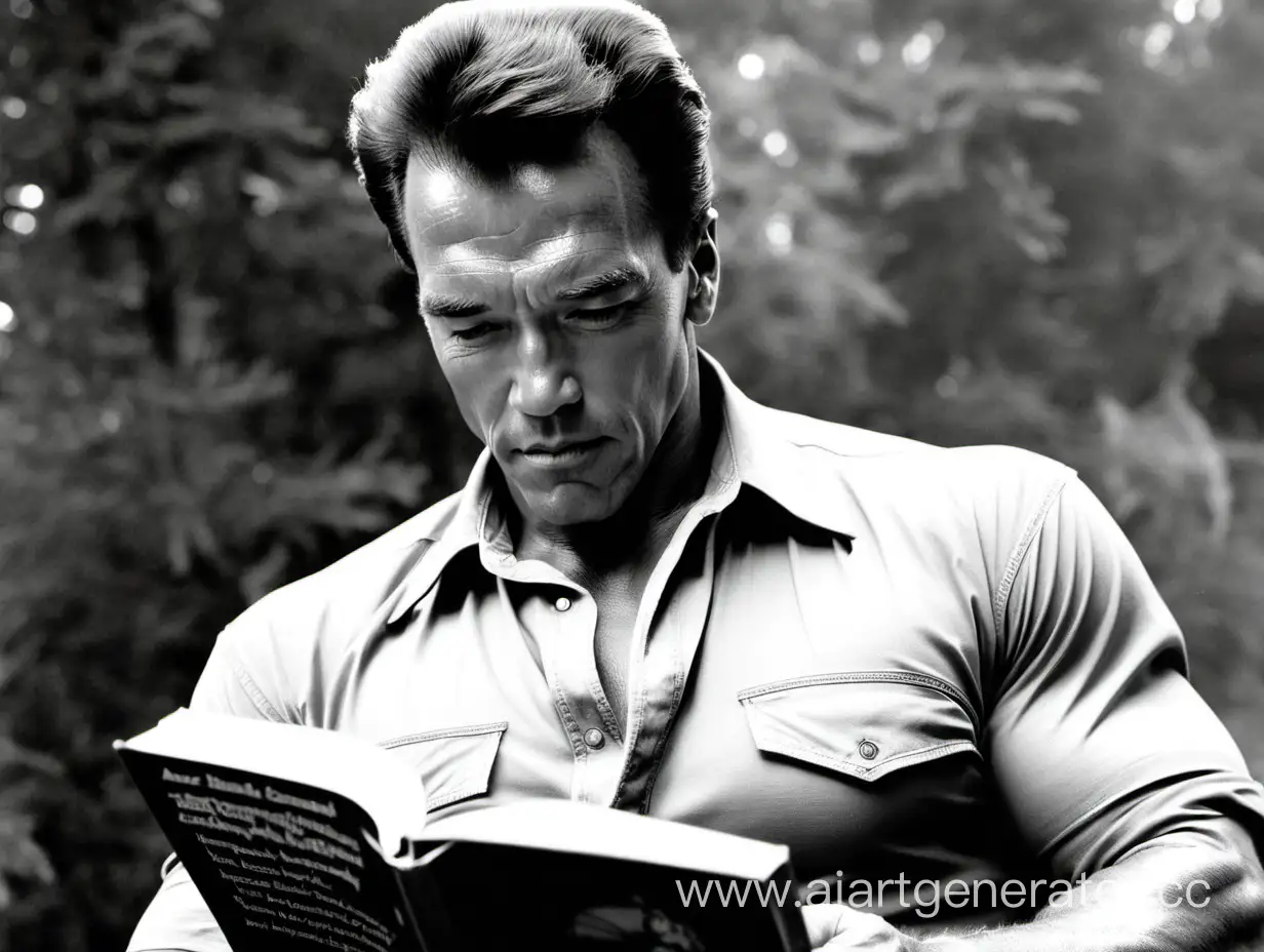 Arnold-Schwarzenegger-Reflectively-Reading-a-Book