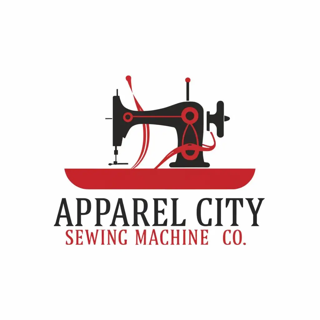 a logo design, with the text 'Apparel City Sewing Machine CO.', main symbol: sewing machine and stitches, Moderate, to be used in Retail industry, clear background make the words red and logo have red accents make it more long ways for the header of a website' Spell machiinee as Machine dont make machine plural