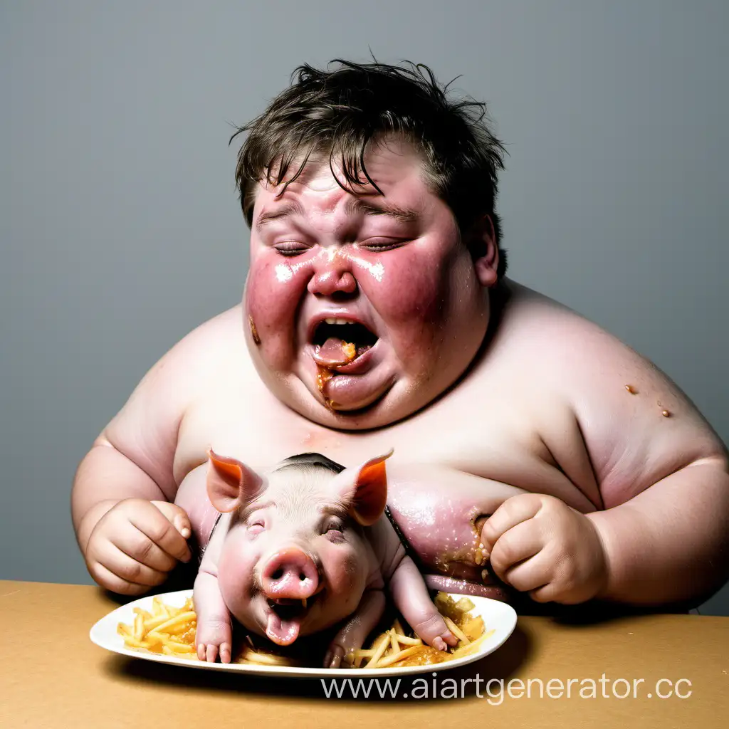 Толстый плачущий мальчик который еще и ест свинью