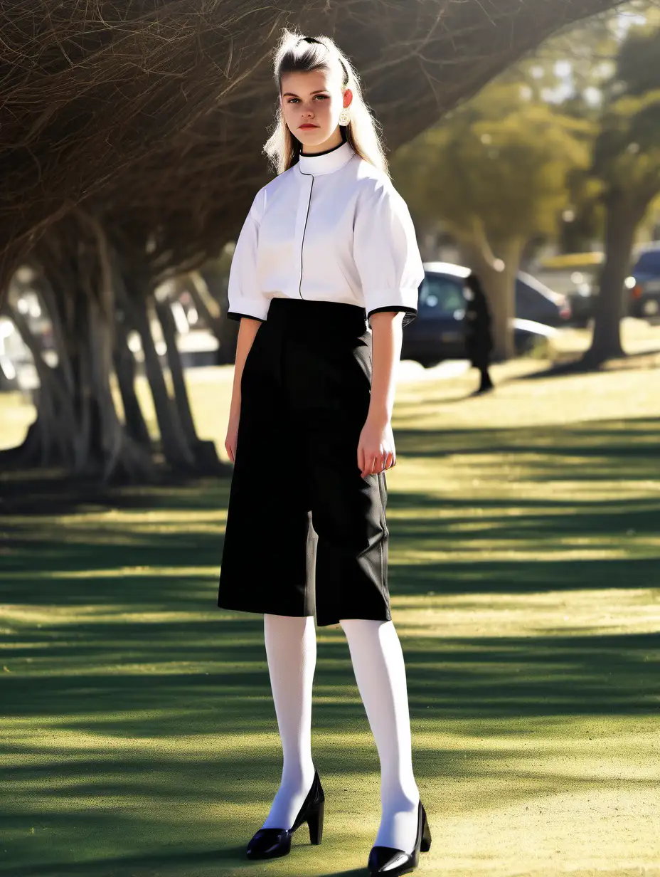 full body picture of an Australian teenage female priest, wearing black culottes, very high heel shoes, large hoop earrings, outside, sunny, very windy, fancy haircut, white thick tights
