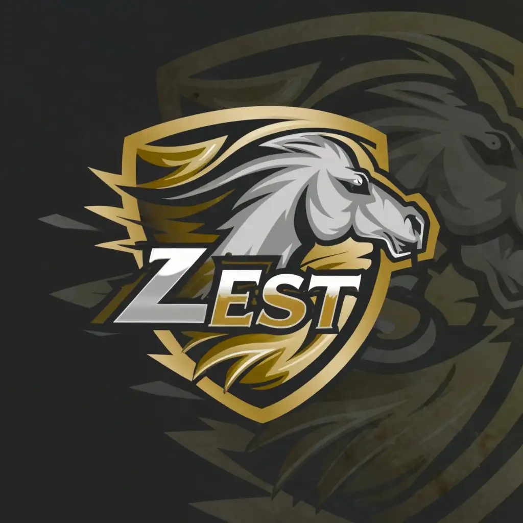 a logo design,with the text "ZEST", main symbol:HORSE ANGRY INSIDE A SHIELD READY TO RACE,Moderate,clear background golden colour 