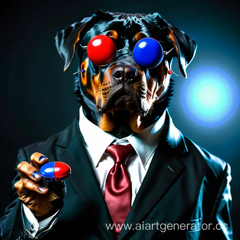 Rottweiler-Dog-in-MatrixInspired-Suit-Holds-Red-and-Blue-Pills