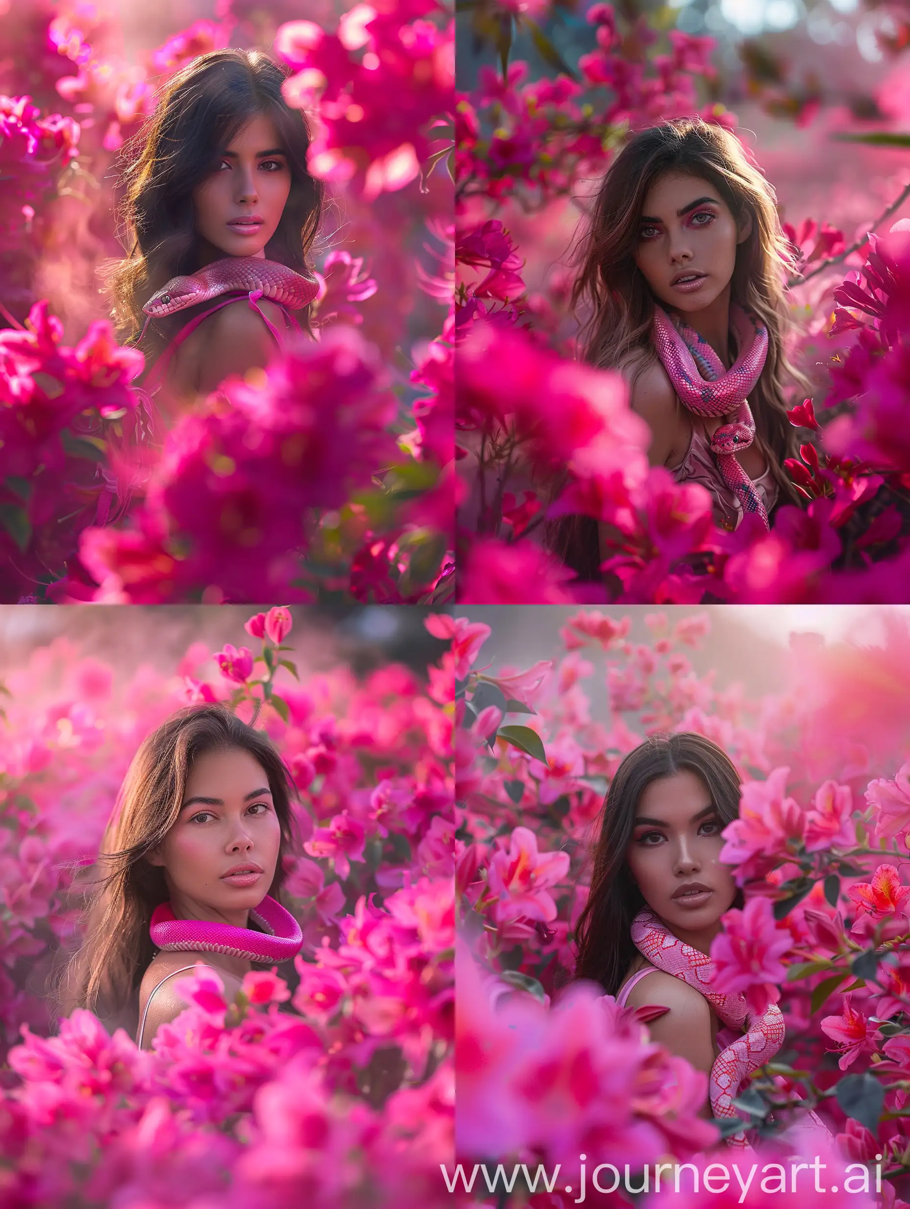 A portrait shot of a beautiful woman standing facing the camera with a pink snake wrapped around her neck and looking at the camera in the middle of a bunch of bright pink flowers in a mist of color and has a mysterious atmosphere.