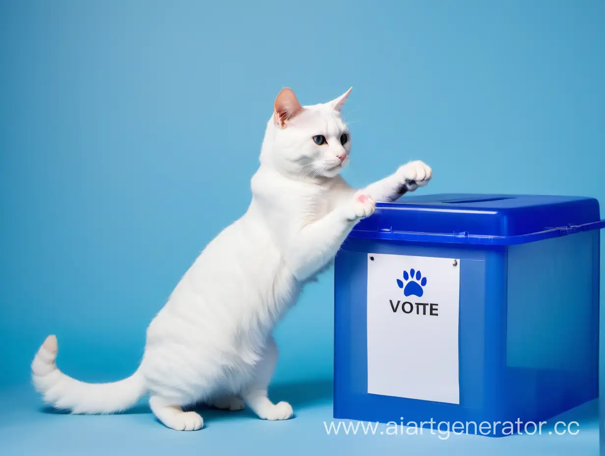 красивая кошка стоит и опускает своей лапой 
белый лист в голубой пластиковый 
ящик для голосования