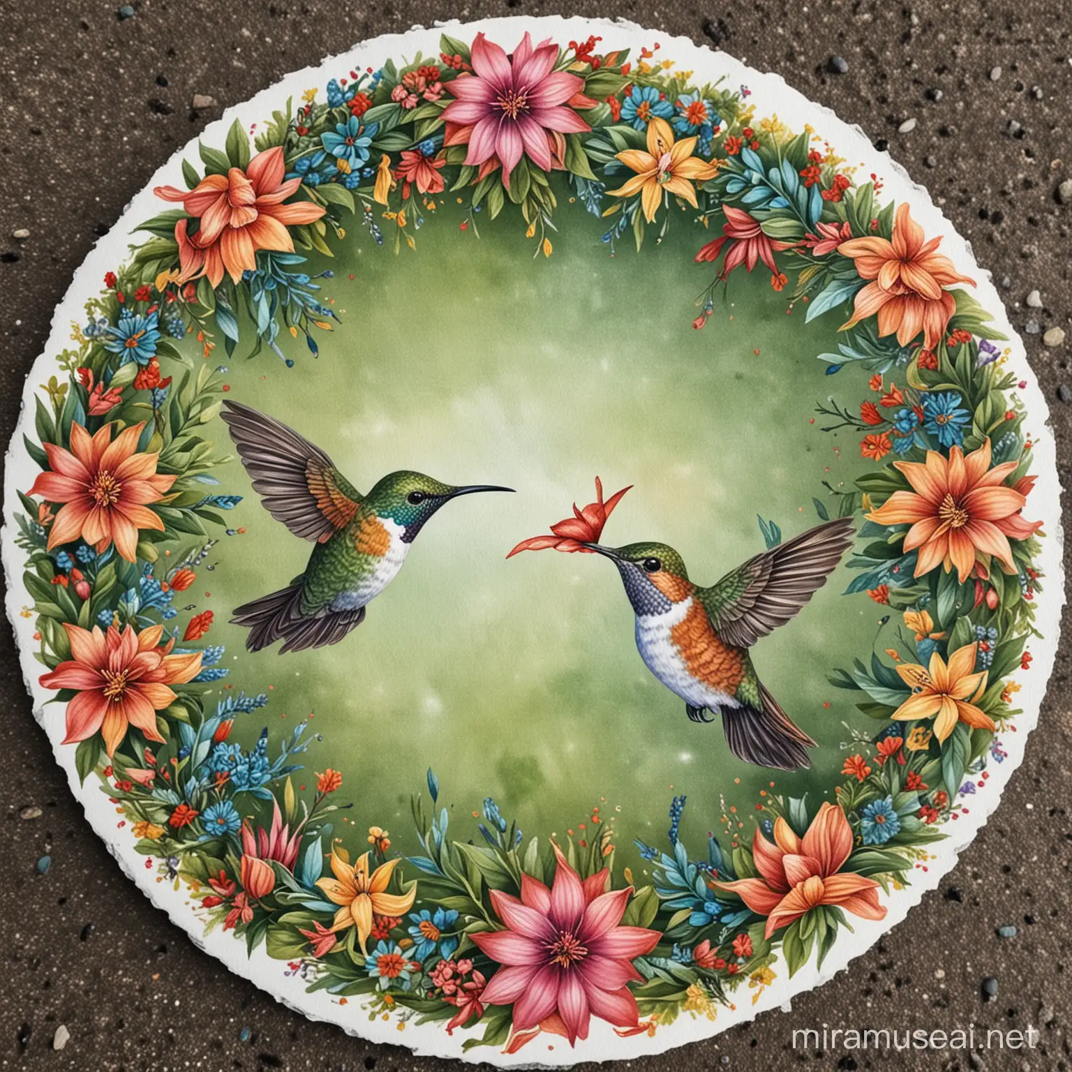 two hummingbirds in a circle like a mandala