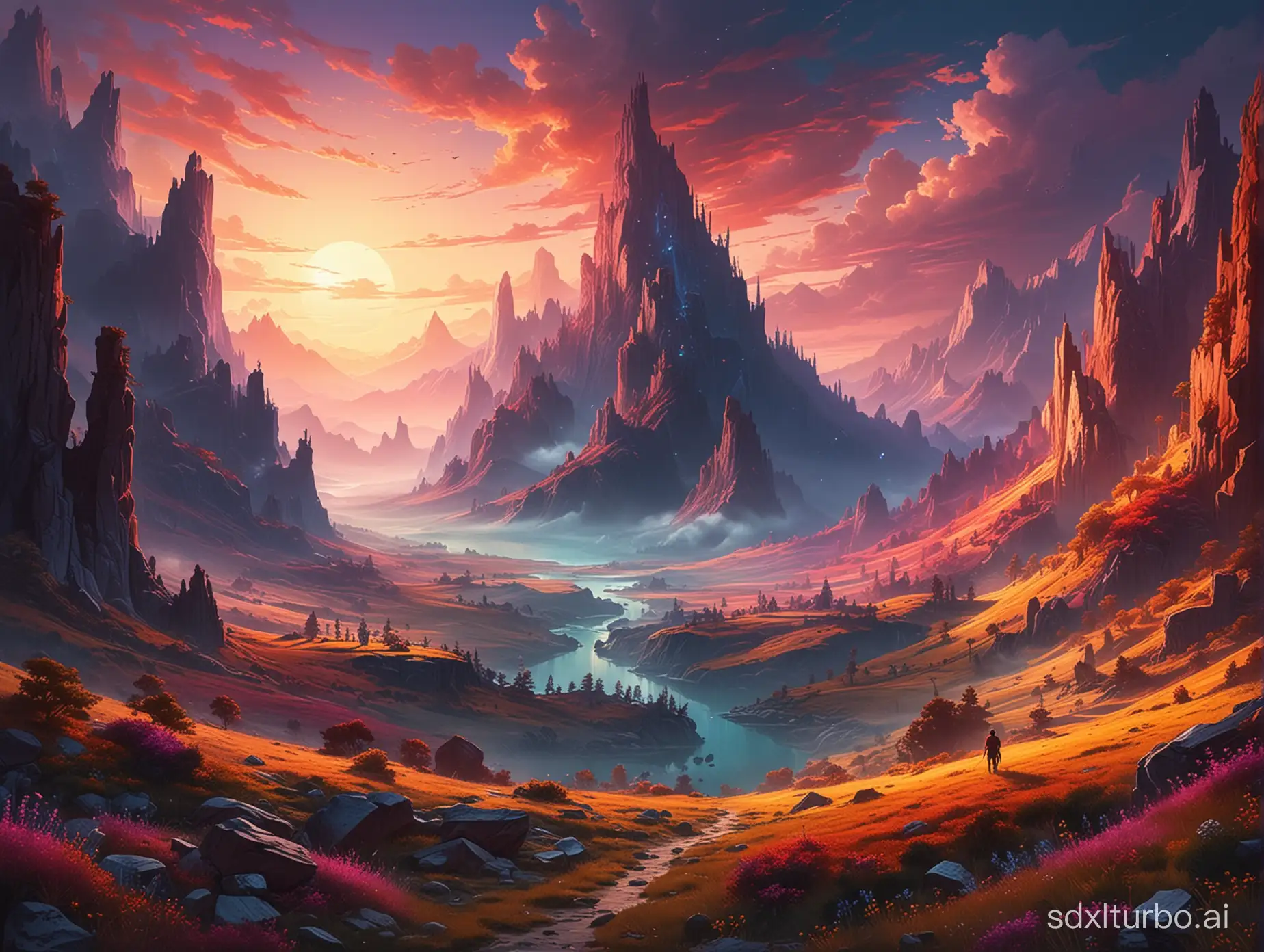 Dreamy landscapes of an alternate world, colorful and vibrant, with interplay of light and shadow, brimming with mystery and fantasy.