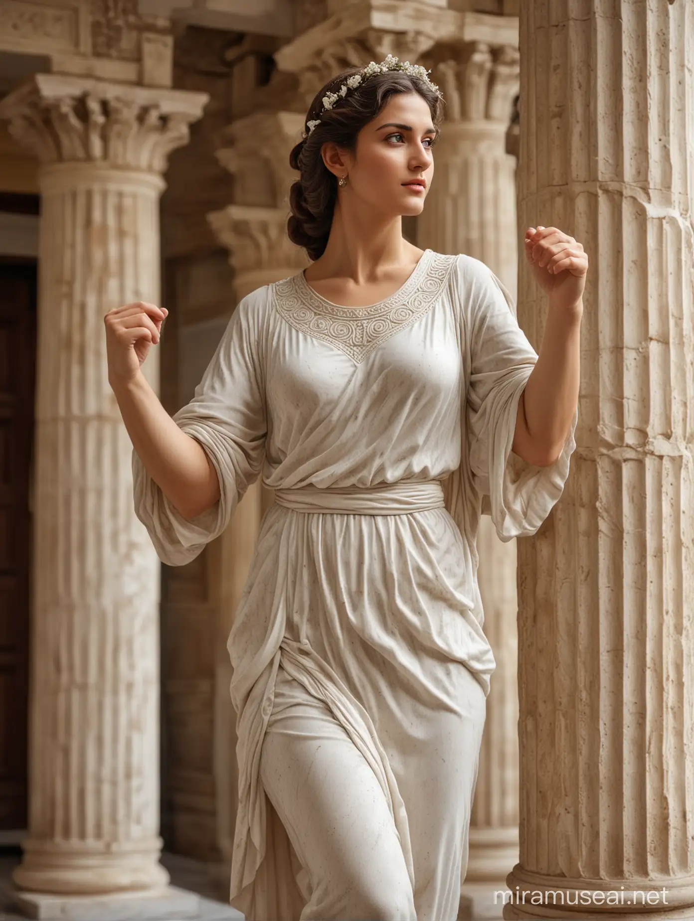 marble statue in antique style of a beautiful Greek woman in a tunic dancing a Greek dance, closed chest, on the background of antique columns,
