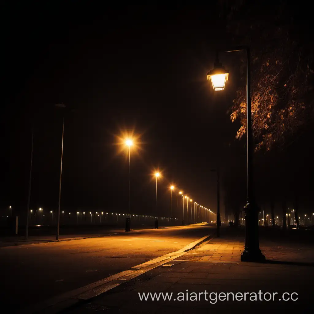 Nighttime-Cityscape-with-Illuminated-Street-Lamps