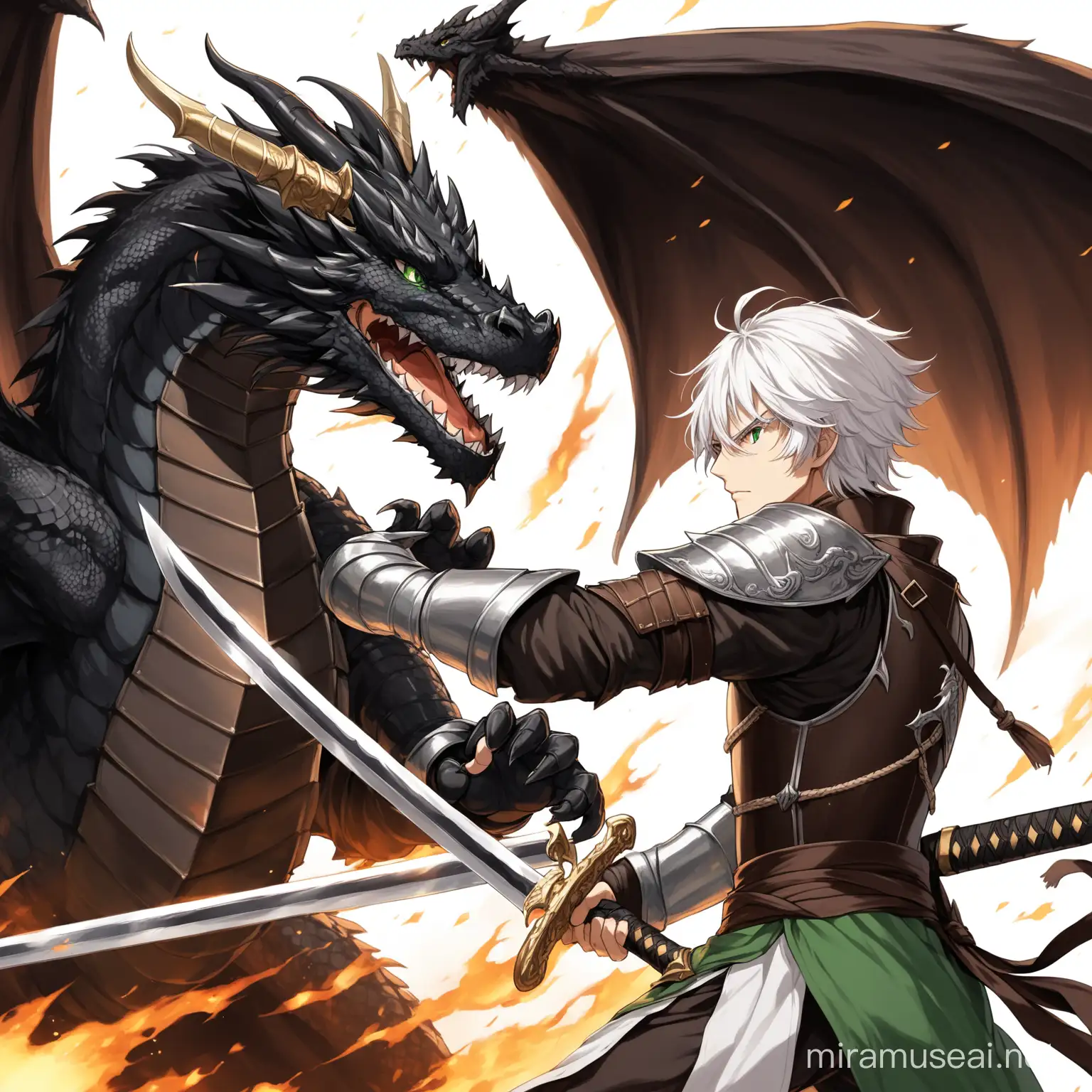 white haired, elevn male, swordsman, green eyes, with dark brown leather armor, fighting a black dragon.