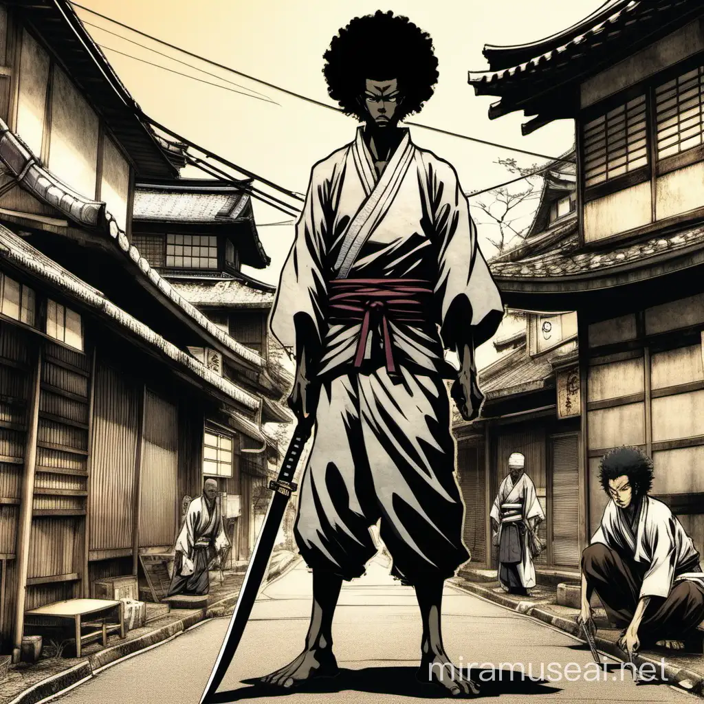 afro samurai on a town street in feudal Japan 